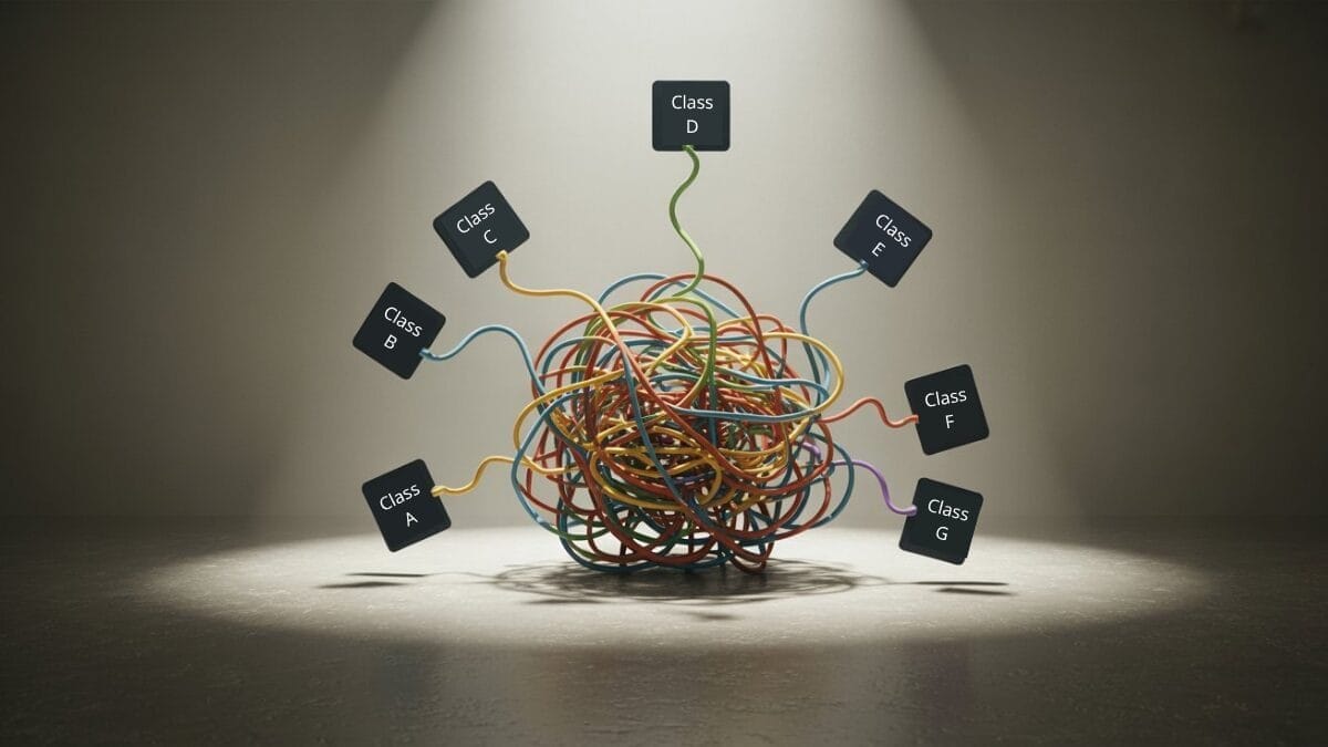 Visualization of tangled class dependencies — a ball of colored wires labeled with different class names, symbolizing tightly coupled software architecture.
