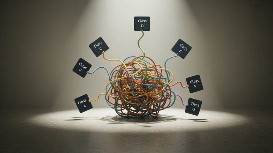 Visualization of tangled dependencies — a ball of colored wires labeled with different names, symbolizing tightly coupled software architecture.
