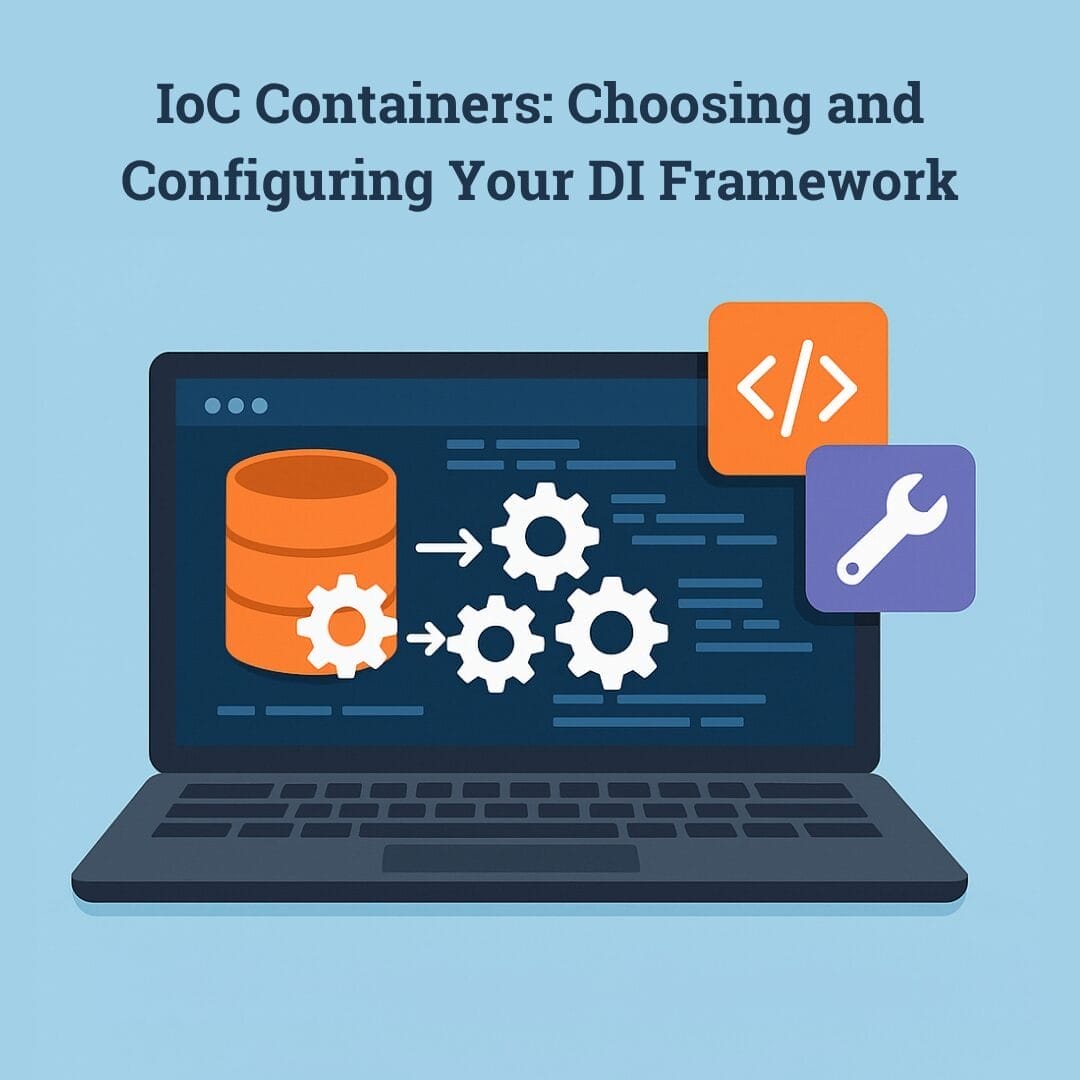 Laptop illustration with gears, code snippets, and configuration icons representing IoC container setup and Dependency Injection in software development.