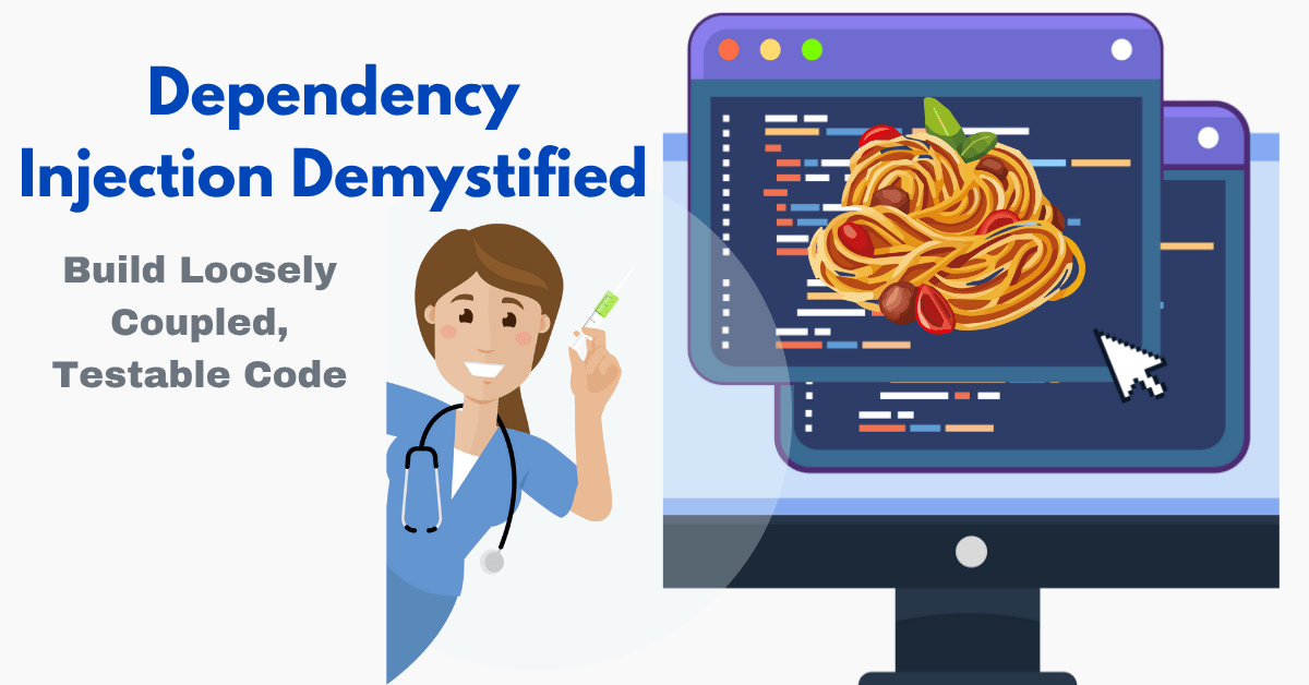 Illustration of a developer injecting code clarity to resolve tight coupling, featuring a doctor figure with a syringe and a tangled spaghetti code graphic on a computer screen.