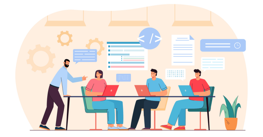 Illustration of a developer team learning software design patterns in a classroom setting with laptops and diagrams