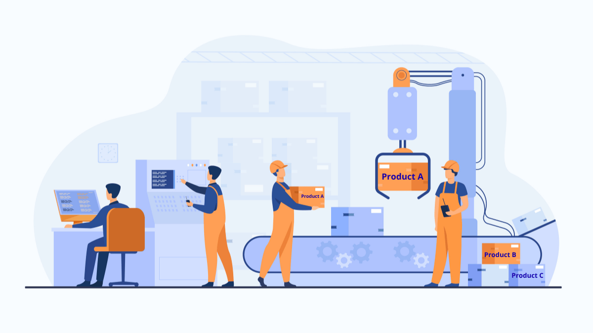 Illustration of a production line with engineers and machines creating labeled product variants, representing the Abstract Factory design pattern