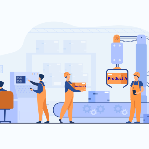 Illustration of a production line with engineers and machines creating labeled product variants, representing the Abstract Factory design pattern