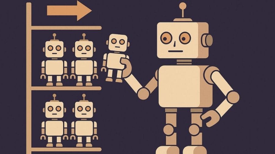 A large robot retrieves identical smaller robots from a shelf, visually representing object cloning and the Prototype Pattern in software design.